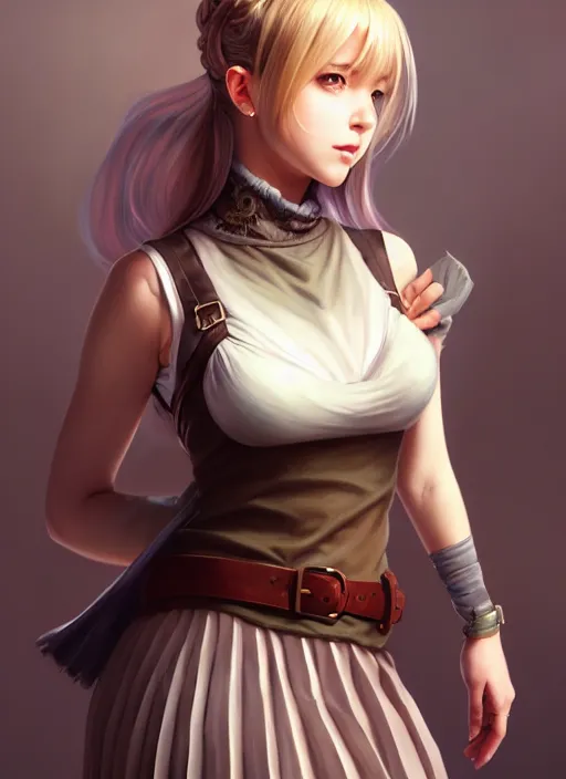 Image similar to portrait of a full body of beautiful young female detective, d & d, sleeveless turtleneck, pleated skirt, fantasy, flat lighting, intricate, highly detailed, digital painting, artstation, concept art, smooth, sharp focus, illustration, misa amane, art by simon bisley and greg rutkowski and alphonse mucha, natural tpose