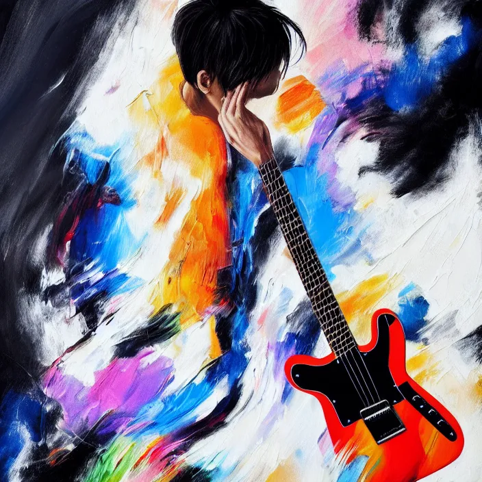 Prompt: abstract large swirly brush strokes painting of a young korean man wearing stylish black v neck t shirt holding a telecaster!!! electric guitar!!, candid!! dark background, huge thick flowing dramatic brush strokes, matte colors, abstract, impressionist, motion, trending on artstation