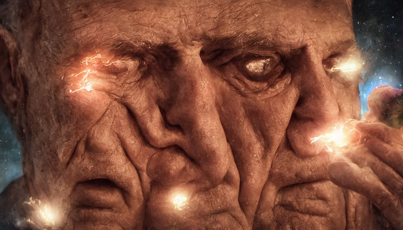 Prompt: an epic fantastic realism comic book style painting of an extreme closeup of the oldest man in the world, candlelight, 8 k, ultra realistic, lens flare, atmosphere, glow, detailed, intricate, full of colour, cinematic lighting, trending on artstation, 4 k, hyperrealistic, focused, extreme details, unreal engine 5, cinematic, masterpiece