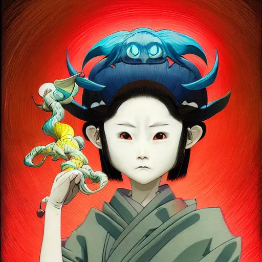 Image similar to prompt : yokai portrait soft light painted by james jean and katsuhiro otomo and erik jones, inspired by evangeleon anime, smooth face feature, intricate oil painting, high detail illustration, sharp high detail, manga and anime 1 9 9 9