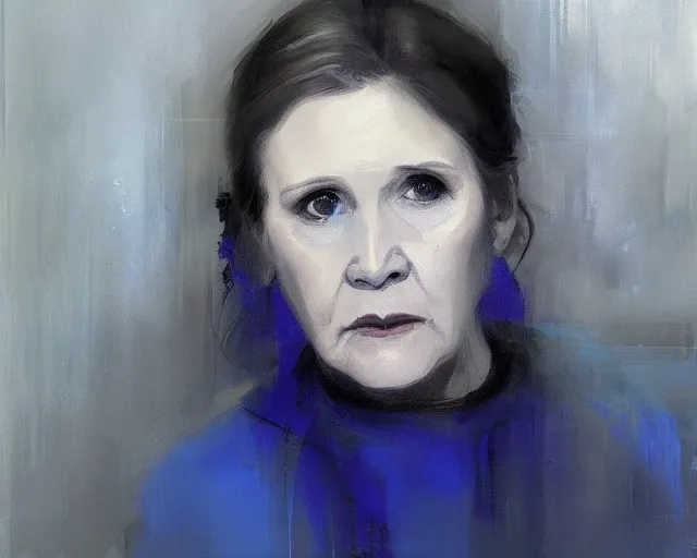 Prompt: portrait of leia young carrie fisher in shades of grey but with blue by jeremy mann