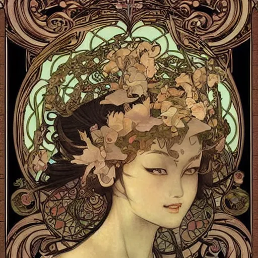 Prompt: anri okita, mucha style,