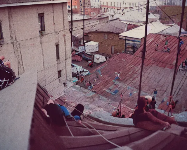 Image similar to lomo photo of roofjumpers climbing on roof of soviet hrushevka, small town, cinestill, bokeh, out of focus