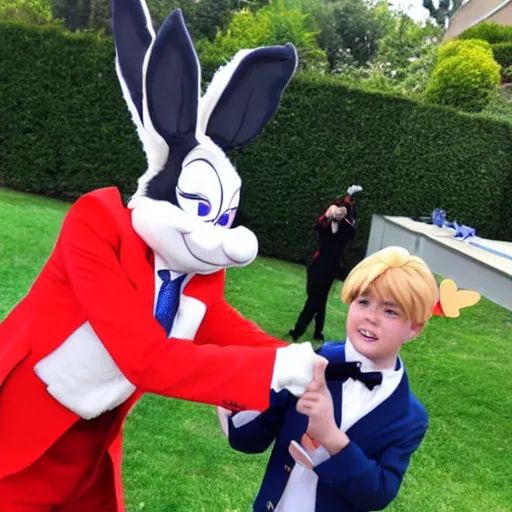 Image similar to paparazzi photo Donald Trump cosplay as Bugs Bunny! spying on children at a birthday party, high quality, good lighting, masterpiece, beautiful beautiful beautiful beautiful beautiful