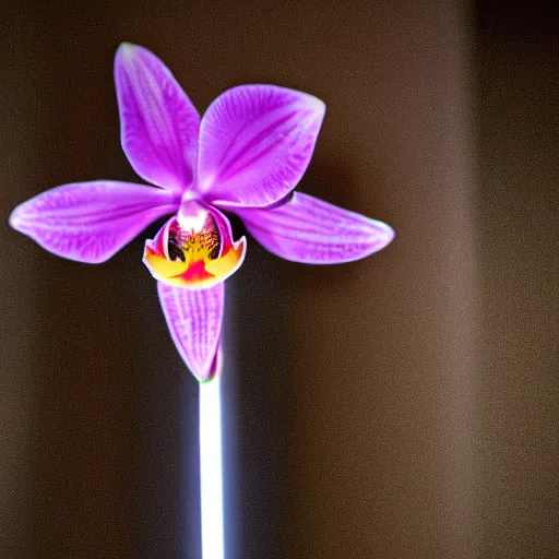 Image similar to an orchid flower, made of metal, cybertronic, reflective, glowing