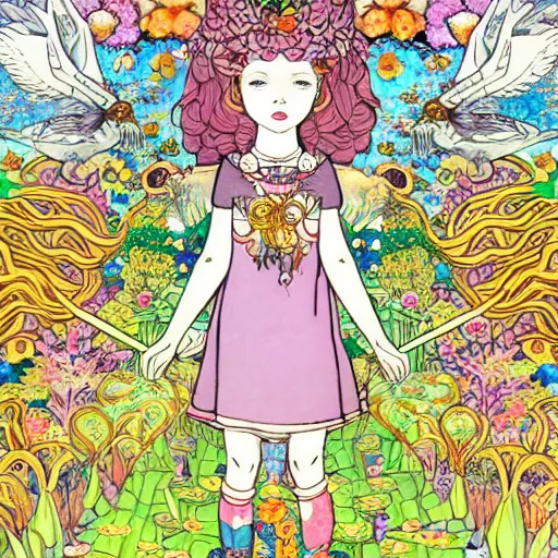 Image similar to a young NeoPagan Goddess of Spring, inside her temple, in a blended style by Junko Mizuno, Henry Darger, and Peter Chung, hyper detailed, colorful digital art, extremely fine inking lines