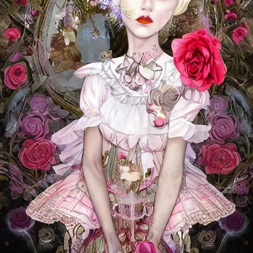 Prompt: Alice in Wonderland at the tea party, she looks like a mix of grimes, Aurora Aksnes and Zendaya, childlike, billowing elaborate hair and dress, strings of pearls, surrounded by red and white roses, digital illustration, inspired by Aeon Flux, Japanese shoujo manga, and Alexander McQueen fashion, hyper detailed, dreamlike, incredibly ethereal, super photorealistic, iridescent, dichroic prism, speckled, marbling effect, tulle and lace, extremely fine inking lines