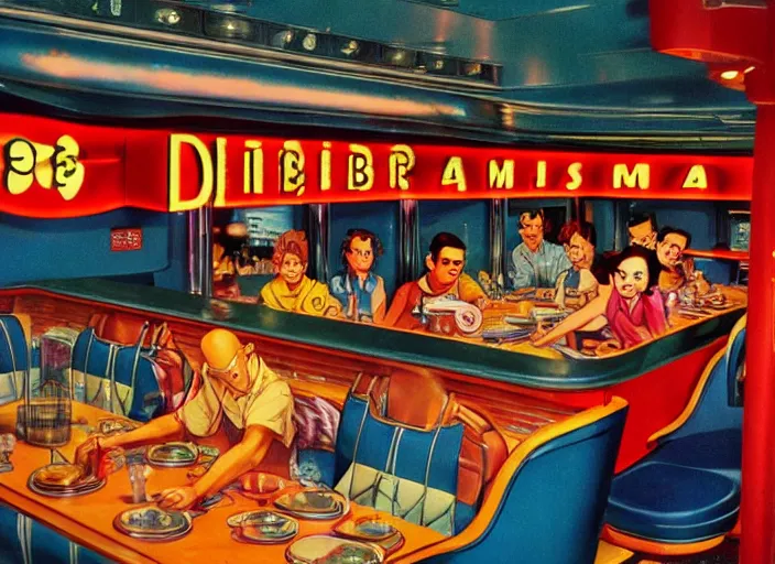 Image similar to diner, 1950s,jukebox,8K, by akira toriyama