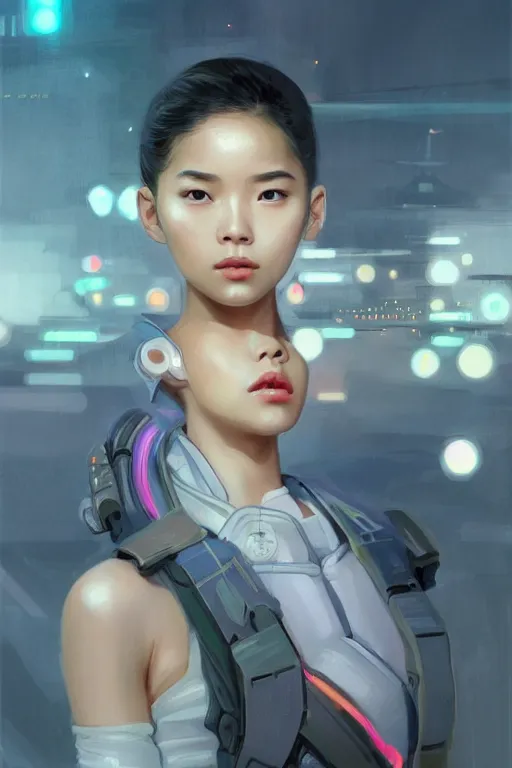 Image similar to portrait futuristic asian airforce girl, looking at the camera, expressive pose, symmetrical face, in future airport rooftop , sci-fi, fantasy, intricate, very very beautiful, elegant, human anatomy, neon light, highly detailed, digital painting, artstation, concept art, smooth, sharp focus, illustration, art by tian zi and WLOP and alphonse mucha