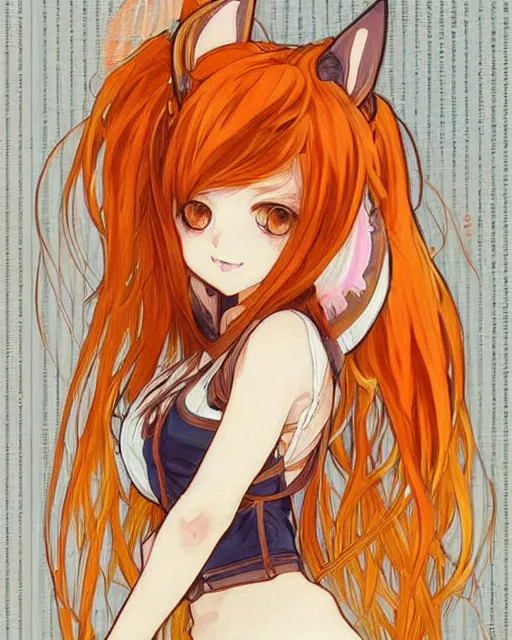 Image similar to A cute frontal painting of a very very beautiful anime skinny foxgirl with curly orange colored hair and fox ears on top of her head wearing a white short t-shirt with quake 3 symbolic looking at the viewer, elegant, delicate, soft lines, higly detailed, smooth , pixiv art, ArtStation, artgem, art by alphonse mucha charles reid and Gil Elvgren, high quality, digital illustration, concept art, long shot