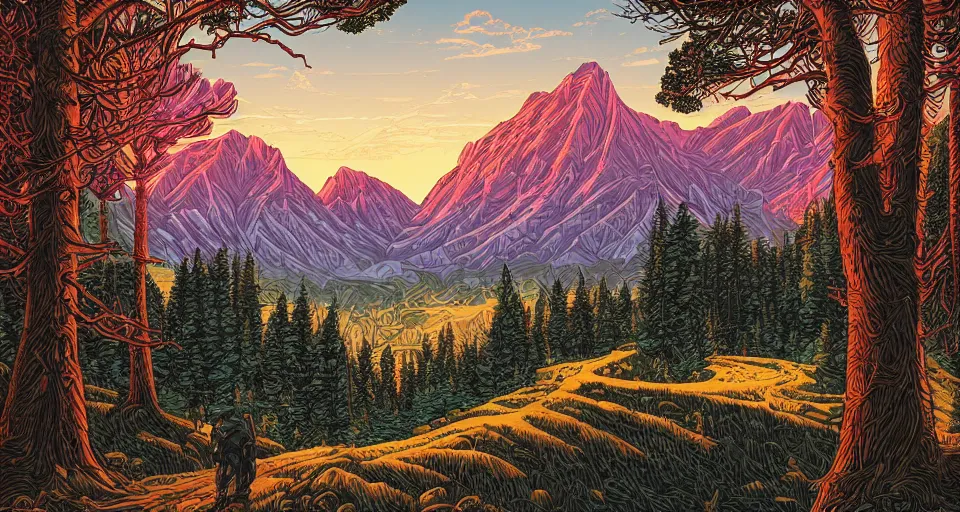 Image similar to a beautiful landscape with trees and mountains, by dan mumford