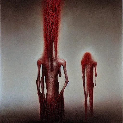 Prompt: terrifyied person by zdzislaw beksinski, bloody, oil on canvas, coherent