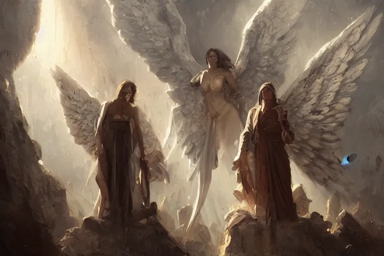 Prompt: people witnessing the rise old testament angels by greg rutkowski