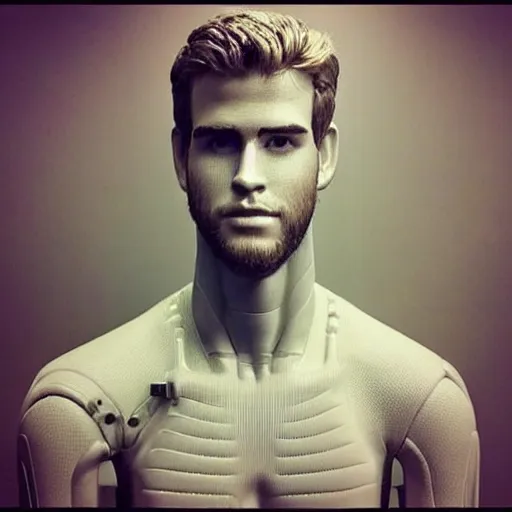 Image similar to “ a realistic detailed photo of a guy who is an attractive humanoid who is half robot and half humanoid, who is a male android, actor liam hemsworth, shiny skin, posing like a statue, blank stare, at the museum, on display ”