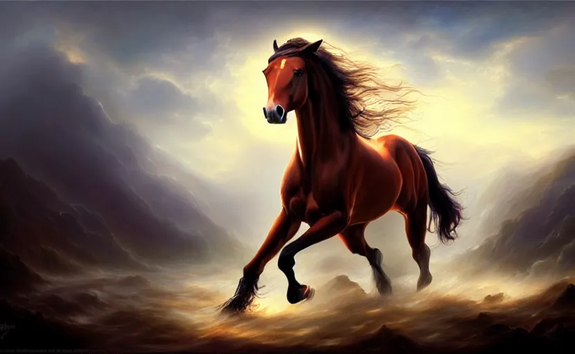 Prompt: a masterpiece oil painting of a proud horse galloping. wide angle, fantasy art, heroic lighting, by artgerm, fog, finger of god, amazing wallpaper