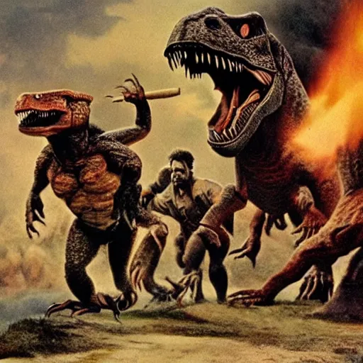 Prompt: color photo of T Rex dinosaur attacking cavemen.