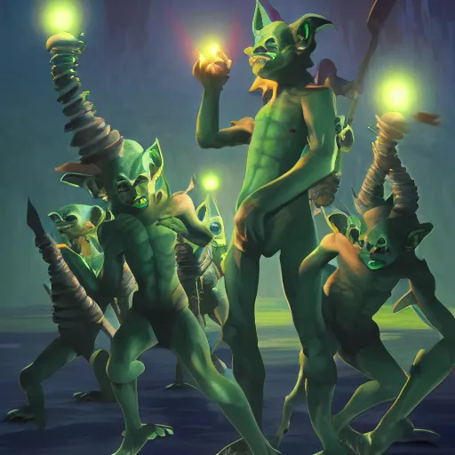 Image similar to a pack of green goblins doing the dance of pain, a fantasy art, hd, trending on artstation, by rhands, makoto shinkai, ilya kuvshinov