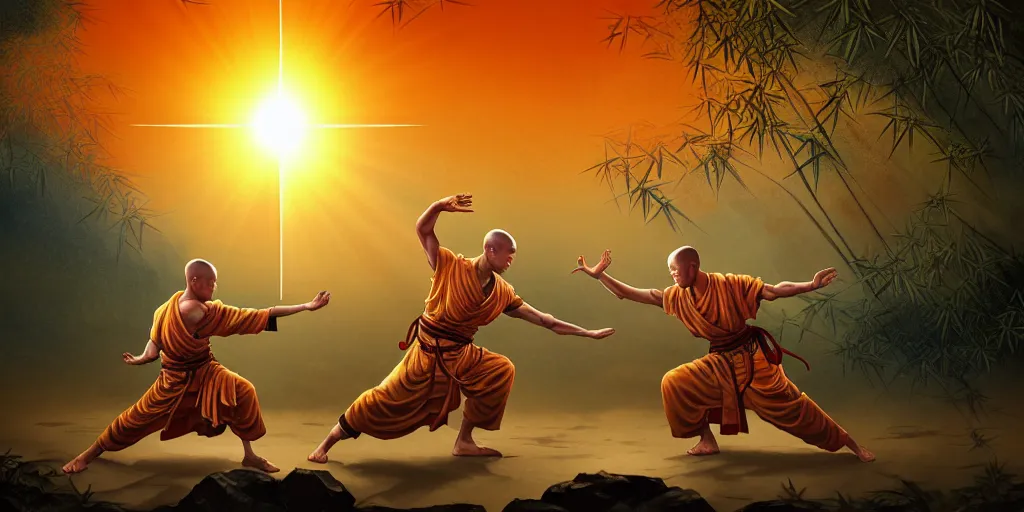 Prompt: [ shaolin monks. orbs of light hover over their open palms ] ( backdrop : shrine / night sky / bamboo / full moon / flora ) fantasy art, digital painting, golden hour, sunburst, highly detailed. realistic award, 8 k concept art, watercolor splash, epic mythology, illustration style of disco elysium