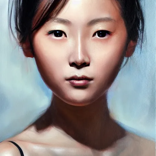 Prompt: perfect, realistic oil painting of close-up japanese girl face, in Marvel and DC style, by an American professional senior artist, Hollywood concept, dynamic composition and motion, postproduction.