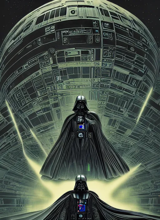 Image similar to platonic ideal luke skywalker, nazgul mandelbulb, deathstar, millenium falcon, detailed, darth vader, action pose, intricate, volumetric lighting, moebius, dan mumford, alphonse mucha, poster,