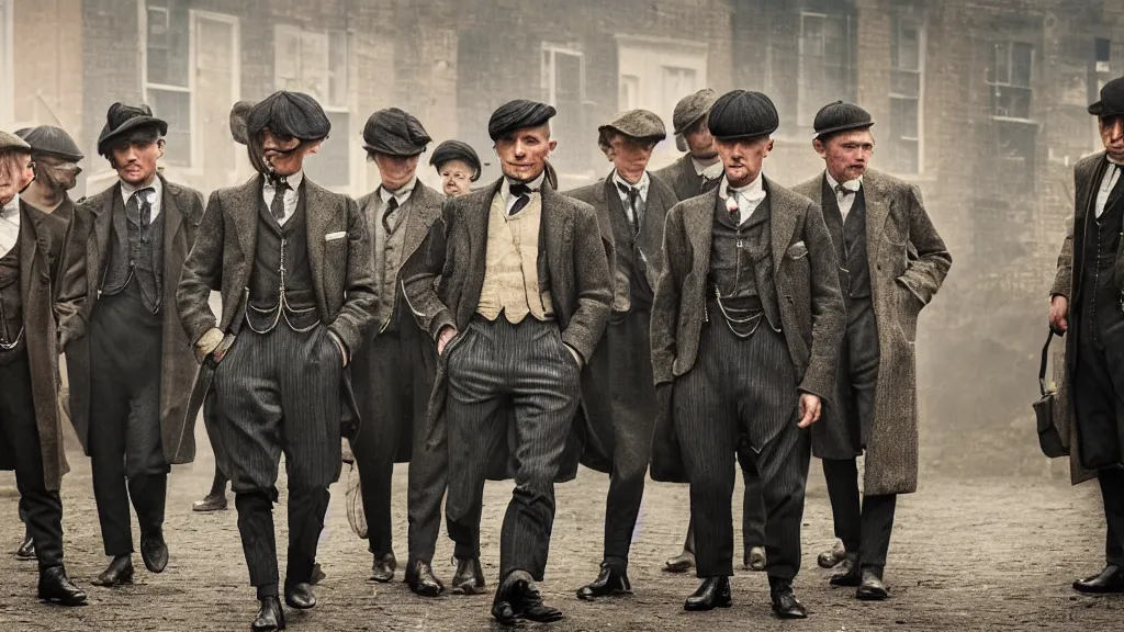 Image similar to a group of human peanuts dressed like the peaky blinders