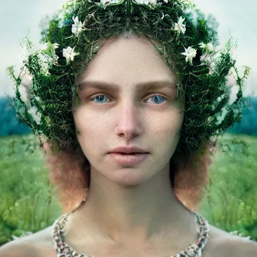 Prompt: photo portrait of a beautiful nature goddess, depth of field, zeiss lens, detailed, symmetrical, centered, by edward robert hughes, connor hibbs, annie leibovitz and steve mccurry, david lazar, jimmy nelsson, breathtaking, 8 k resolution, extremely detailed, beautiful, establishing shot, artistic, hyperrealistic, beautiful face, octane render