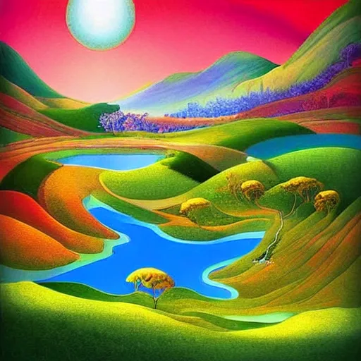 Image similar to A beautiful computer art of a landscape. It is a stylized and colorful view of an idyllic, dreamlike world with rolling hills, peaceful looking animals, and a flowing river. The scene looks like it could be from another planet, or perhaps a fairy tale. by Joe Shuster amorphous, angular