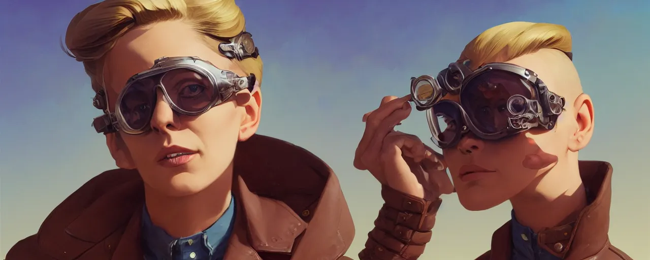 Image similar to stoic heroic emotionless butch blonde woman aviator with short slicked - back hair, wearing dark - lensed victorian goggles, wearing brown leather jacket, moebius, rough paper, behance hd by jesper ejsing, by rhads, makoto shinkai and lois van baarle, ilya kuvshinov, rossdraws global illumination.