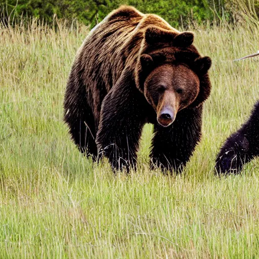 Image similar to realistic photo of a human - size black spider fighting a grizzly bear in a meadow