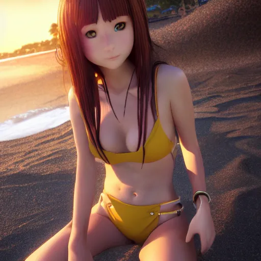 Image similar to Render of a very beautiful 3d anime girl, long hair, hazel eyes, cute freckles, full round face, oiled, short smile, cute bikini, golden hour, serene beach setting, cinematic lightning, medium shot, mid-shot, highly detailed, trending on Artstation, Unreal Engine 4k