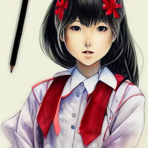 Image similar to a perfect, realistic professional digital sketch of a Japanese schoolgirl in style of Marvel, full length, by pen and watercolor, by a professional American artist on ArtStation, a hollywood-style sketch, on high-quality paper