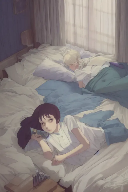 Image similar to a teenage girl with white short hair in a jk uniform outfit in the bedroom reading a book in a night, raining outside the window, grey and blue theme, by krenz cushart and mucha and akihito yoshida and greg rutkowski and makoto shinkai, detailed eyes, 4 k resolution