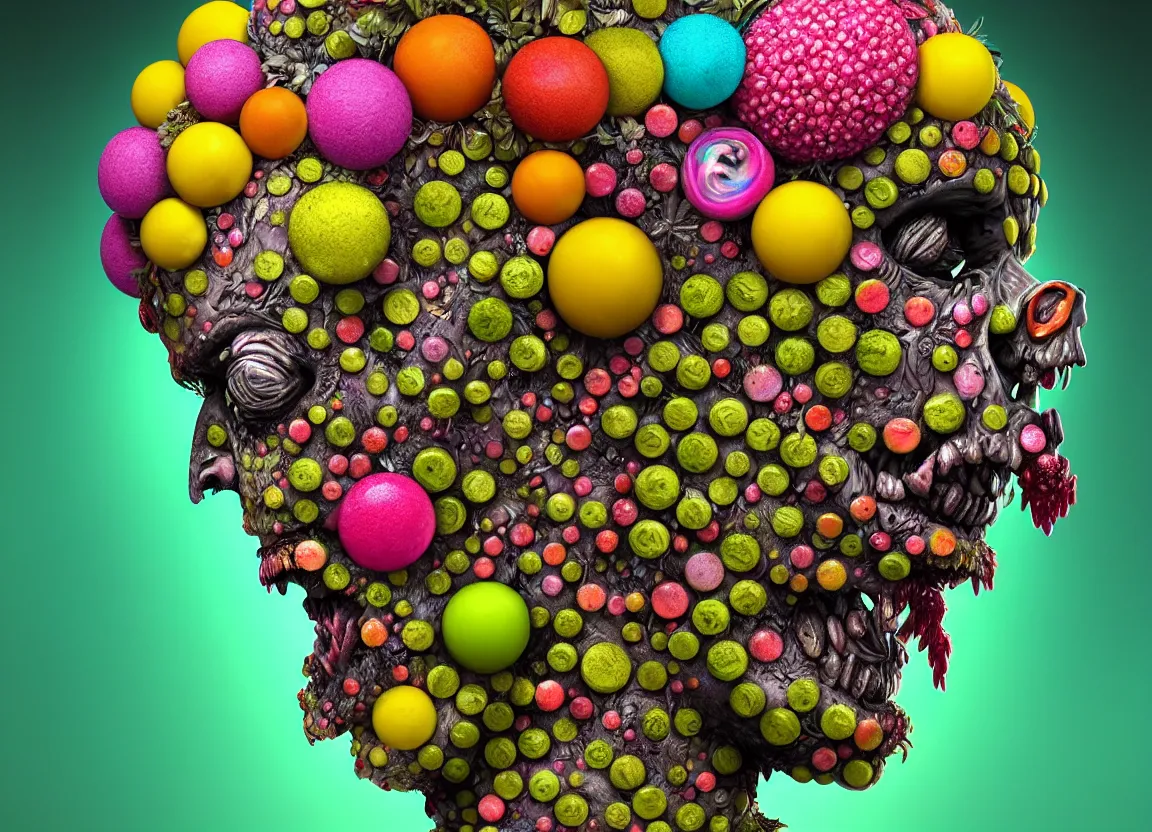 Image similar to headshot of a trickster nature zombie, head made of fruit and flowers in the style of arcimboldo, covered with iridescent bubbles, made by greg rutkowski, digital illustration, dynamic lighting, action figure, clay sculpture, claymation, turquoise pink and yellow, rainbow stripe backdrop