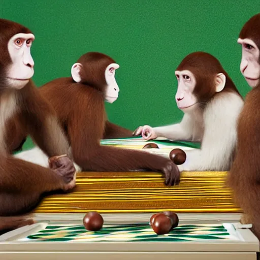 Image similar to A beautiful performance art of a group of monkeys playing backgammon. The monkeys are seated around a table, with some of them appearing to be deep in concentration while others appear to be playing more casually. octane 3d, chestnut by George Tice, by Jamie McKelvie mild, calm