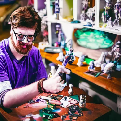 Image similar to violet - haired male game designer who plays blood bowl and paints miniatures, sitting at his untidy working table