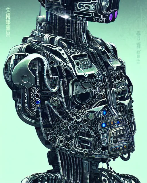 Prompt: robot, character portrait, portrait, close up, concept art, intricate details, highly detailed, sci - fi poster, cyberpunk art, in the style of katsuhiro otomo