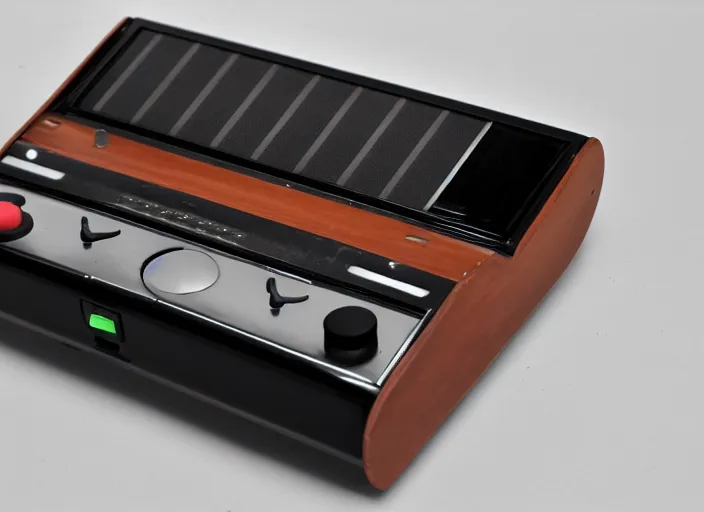 Image similar to retro futurist design of a console by nintendo, black bakelite, wooden casing, aluminium