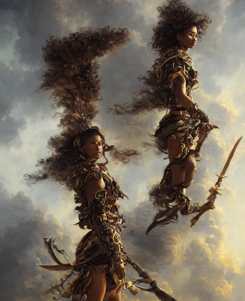 Image similar to a brown skinned female demon hunter with mid dark curly hair and a futuristic uniform, windy, she is holding a adorned spear, stoic, modern, shes alone, maximalist fashion, hyperdetailed, dramatic, epic painting, painted by jean honore fragonard and greg rutkowski, full body, octane render, sharpness, 8 k, golden ratio