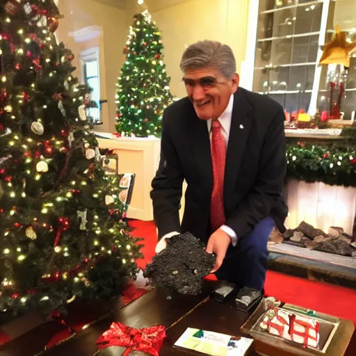 Image similar to Happy Joe Manchin playing with coal in front of a Christmas tree