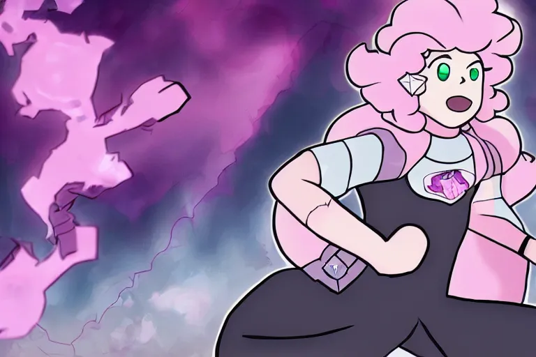 Image similar to rose quartz from steven universe is the blackened, danganronpa trial screenshot, art by rui komatsuzaki, detailed, incredible coloring and shading, from a video sequence, intense lighting