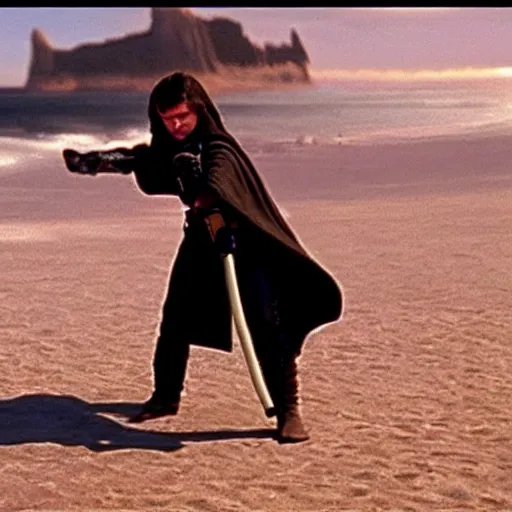 Image similar to Anakin Skywalker!!!, vacuuming on a beach, still from star wars,