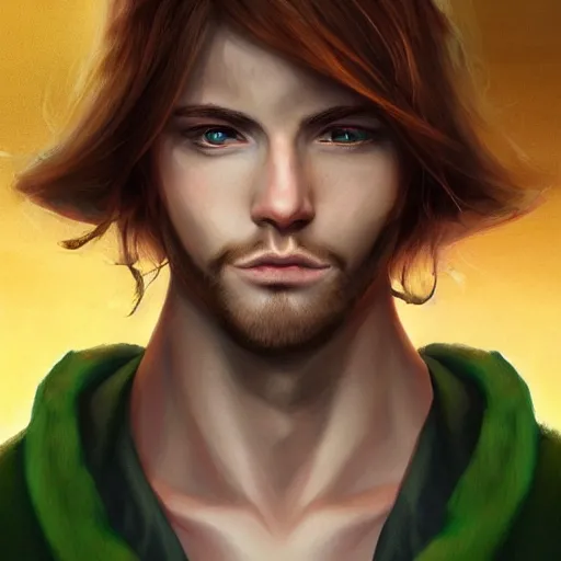 Prompt: realistic portrait, 25 years old man :: athletic fantasy mage :: green eyes, long brown hair :: wearing a robe :: high detail, digital art, RPG, concept art, illustration