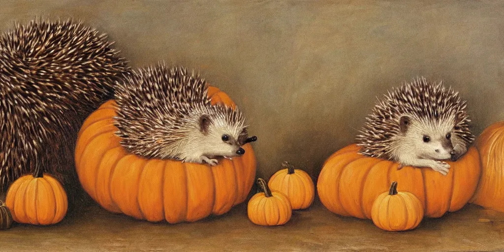 Image similar to a hedgehog and a pumpkin, renaissance oil painting, 8 k resolution