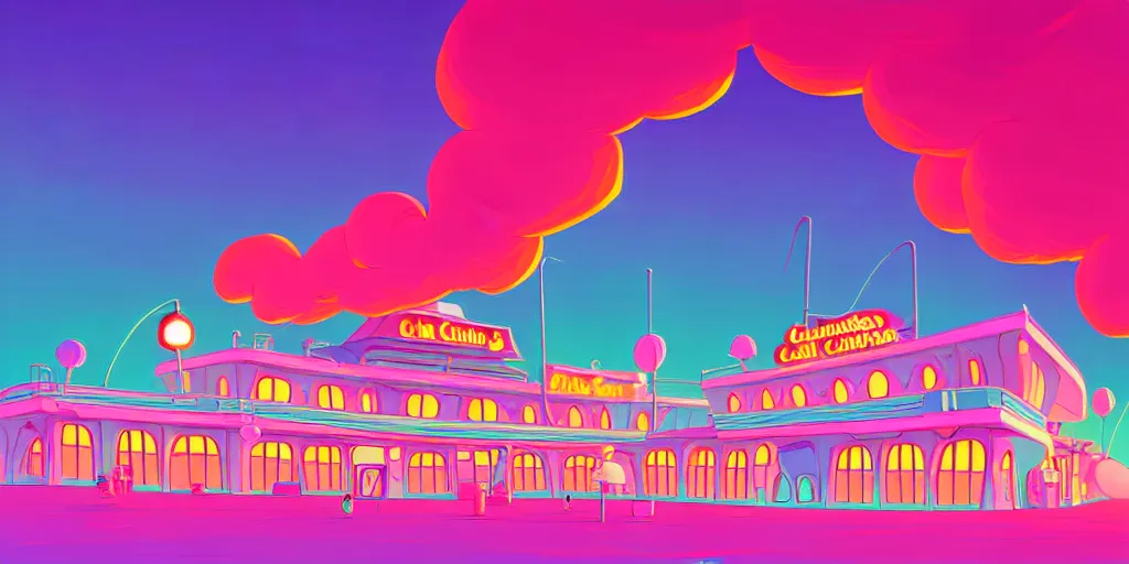 Prompt: minimalistic extreme wide angle curved perspective digital art of sss chubby cotton candy indoor top floor of a casino with a balcony to the ground floor by anton fadeev from nightmare before christmas