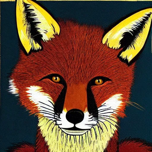 Image similar to portrait of retarded fox, eyes in different directions, rabies, propaganda style, vivid colors, very detailed, it is very funny