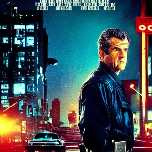Prompt: “ a movie poster for a movie starring mel gibson about a rogue cop in queens in the 1 9 9 0 s. rainy, night, cinematic. ”