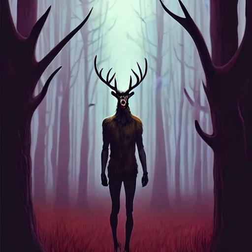 Image similar to rafeal albuquerque comic art, joshua middleton, artgerm : : wendigo monster with deer skull face, antlers, furry body, tall and lanky : : walking through the forest : : night time : : spooky, scary, fog