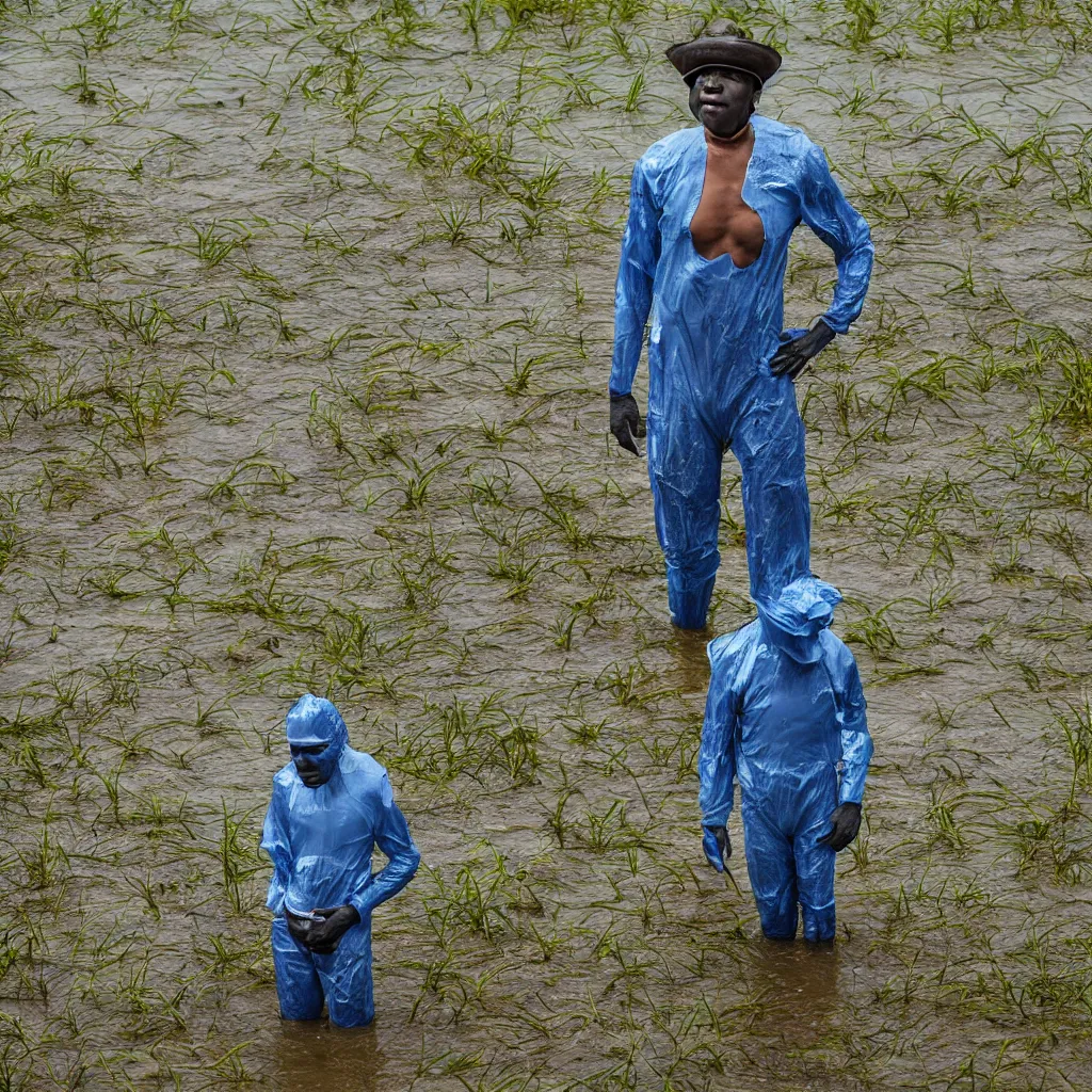 Prompt: Magazine style cover photo of a single blue skinned men, wearing a fiberglass hat on top of his head. Standing in a knee-deep swamp. Telephoto lens, f2.8