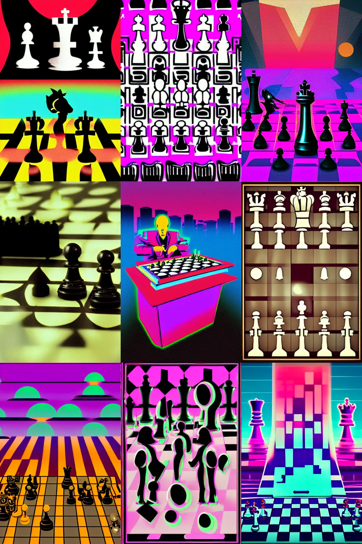 Prompt: surreal chess, 80s style synthwave, lofi, matte colors