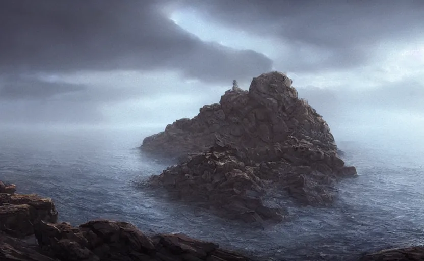 Image similar to no fear, no hesitation, no surprise, no doubt, directed by charlie kaufman ( 2 0 0 1 ) anamorphic lenses, a rocky shore in the foreground, foggy volumetric light morning, a beam of light from the heavens, cinematic trending on artstation in the style of greg rutkowski